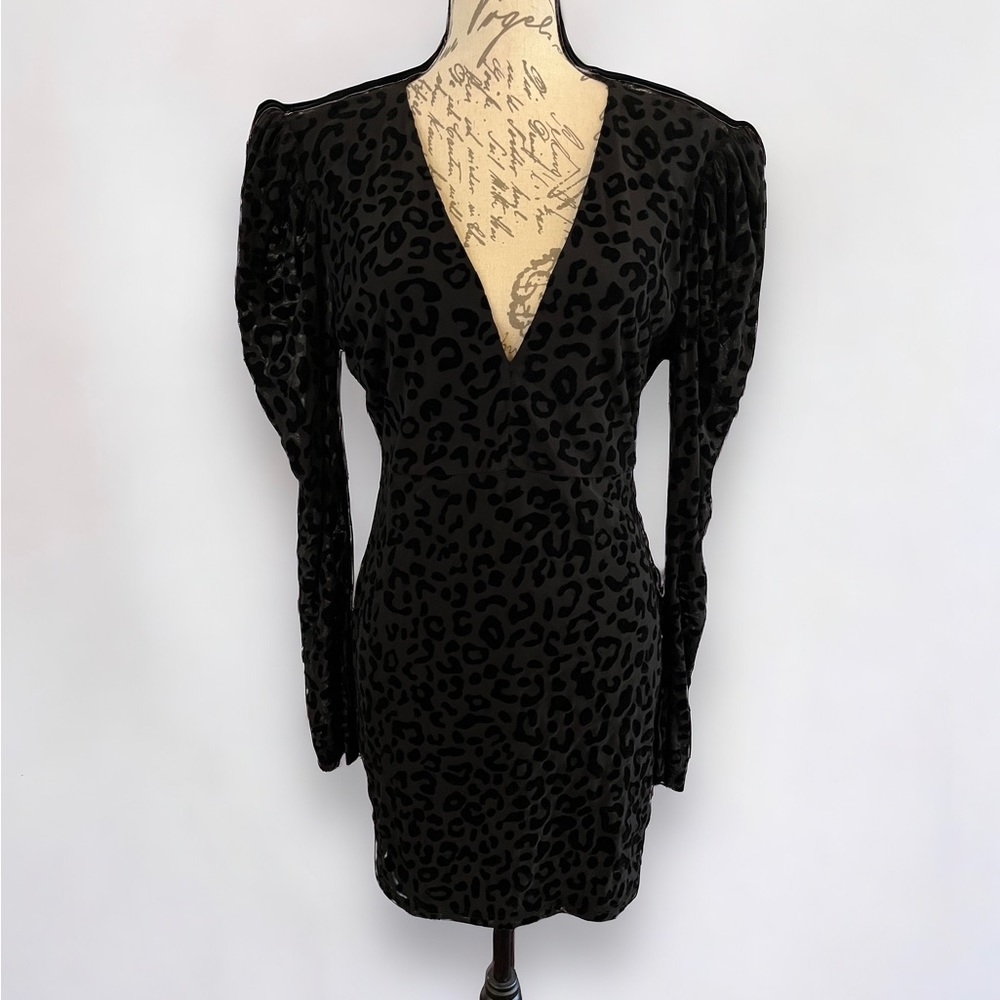 Deja Vu Black Velvet Burnout Overlay Mini Dress long sleeve evening Large EUC